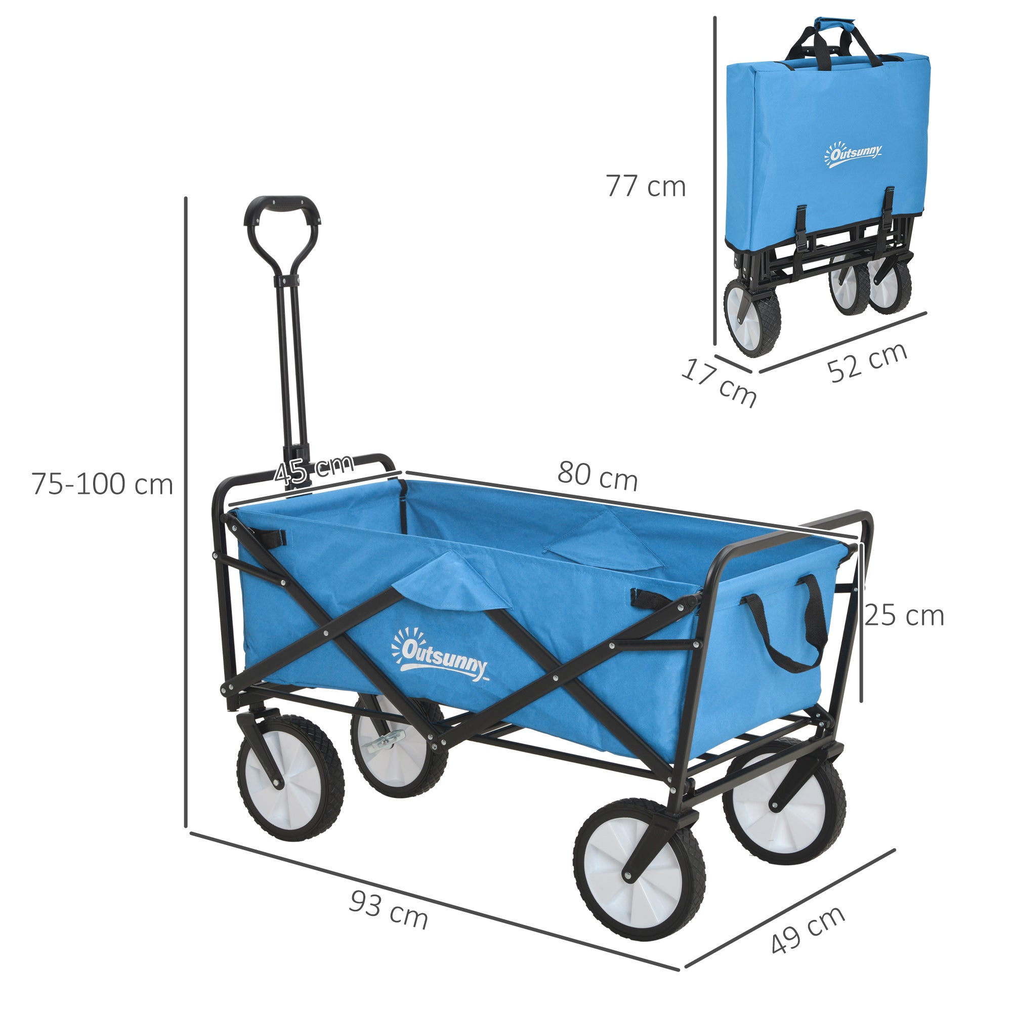 Outsunny 90L Folding Garden Trolley Cart Pull Along Wagon with Telescopic Handle for Beach Camping Festival - Blue 