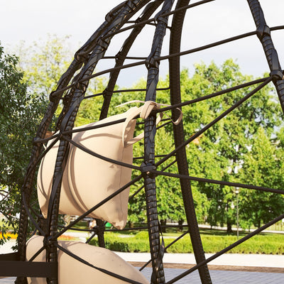 Outsunny Hanging Egg Chair Outdoor Indoor Garden Swing Chair with Folding Basket, Thickened Cushion, Garden Hanging Chair with Stand, Headrest for Patio, Balcony, Khaki 