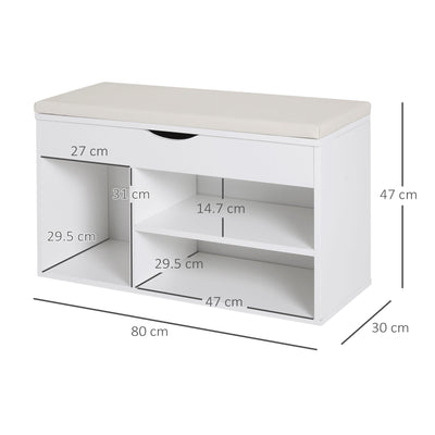 HOMCOM Wooden Shoes Cabinet Bench Hidden Storage Padded Seat Organiser Footwear Rack Hallway White 80 x 30 x 47 cm 