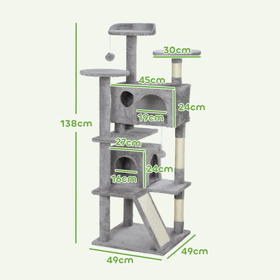 PawHut 138cm Cat Tree, Multi-Level Cat Tower with Scratching Posts and Pad, Bed, Condos, Platforms, Toy Balls, Light Grey 