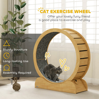 PawHut 39.4" Wooden Cat Running Wheel with Brake, Natural 