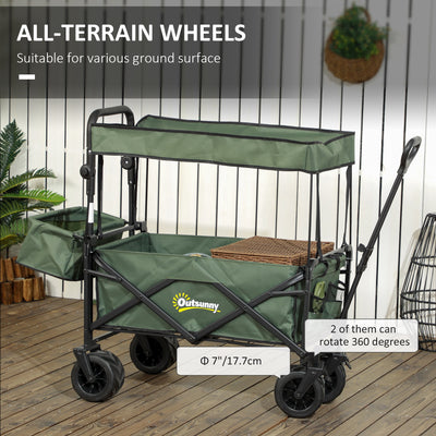 Outsunny Folding Trolley Cart Storage Wagon Beach Trailer 4 Wheels with Handle Overhead Canopy Cart Push Pull for Camping, Green 