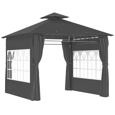 Outsunny 3 x 3 m Garden Gazebo, Double Roof Metal Gazebo with Removable Sidewalls and Church Windows, Outdoor Canopy Shelter, Dark Grey 