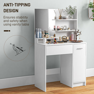 HOMCOM Dressing Table with Mirror and Stool, Vanity Table, Modern Makeup Desk with Drawer, Storage Cabinet and Adjustable Shelf for Bedroom, White 