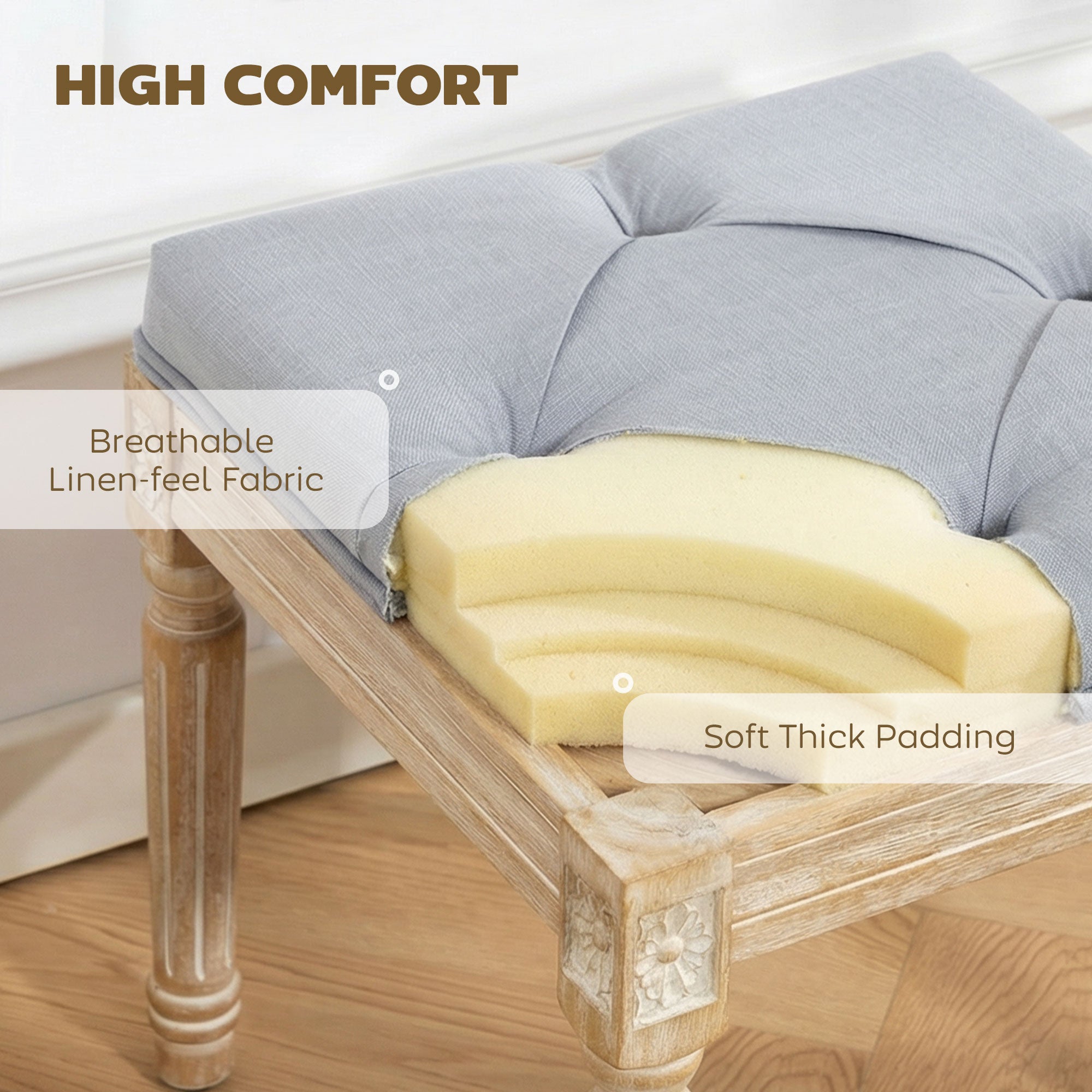 HOMCOM Vintage Foot Stool, Tufted Square Footrest with Wood Legs, Light Grey 