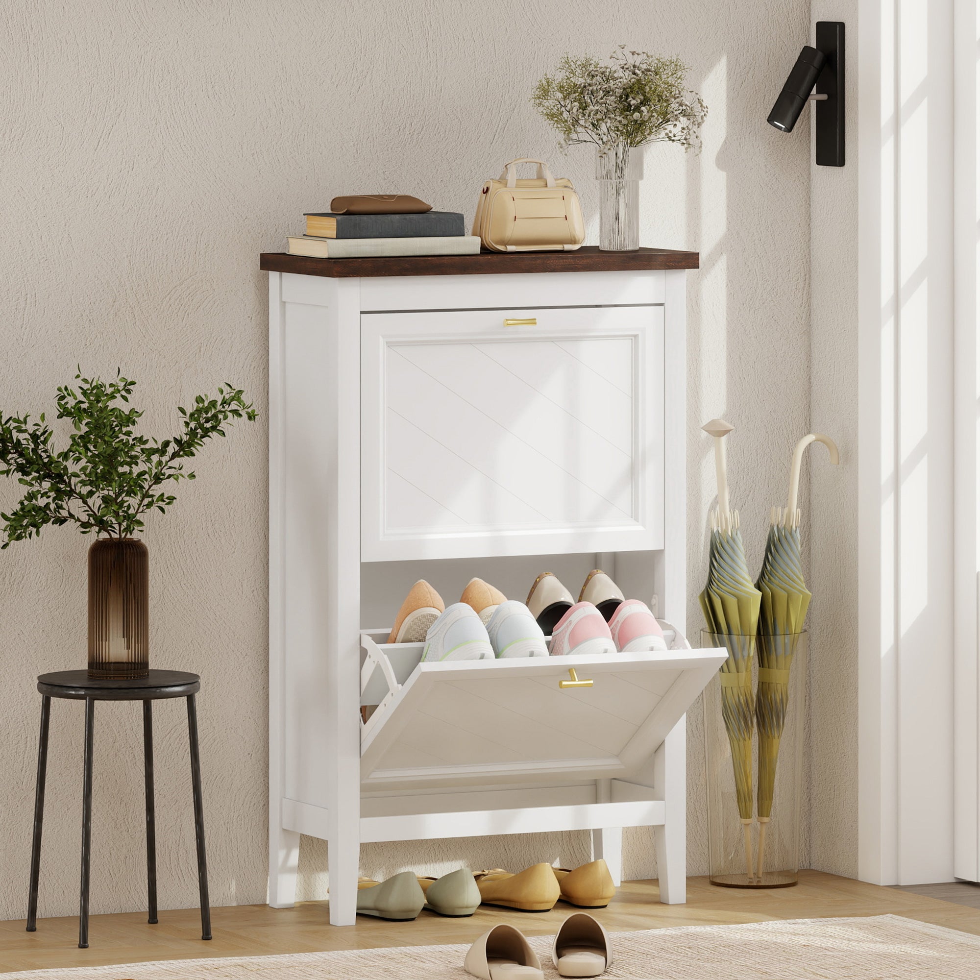 HOMCOM Shoe Cabinet with 2 Flip Drawers, Farmhouse Narrow Shoe Storage Cabinet with Adjustable Shelves, White 