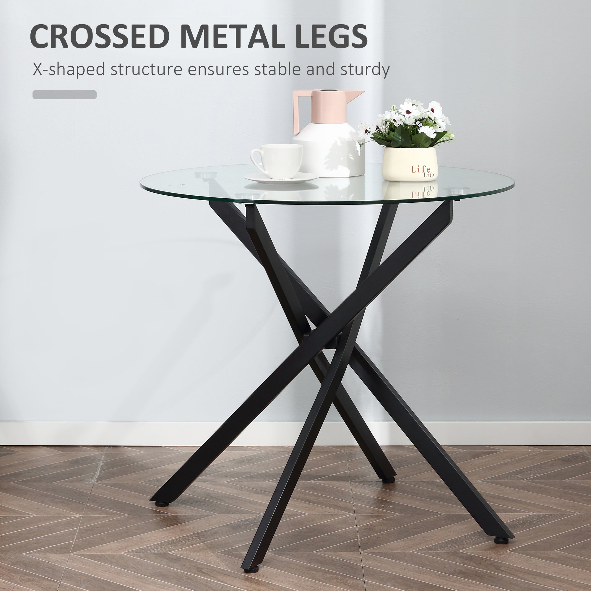 HOMCOM Dining Table with Clear Tempered Glass Top, Round Table with Metal Legs, Modern Kitchen Table for Dining Room Living Room, Black 