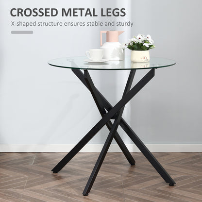 HOMCOM Dining Table with Clear Tempered Glass Top, Round Table with Metal Legs, Modern Kitchen Table for Dining Room Living Room, Black 