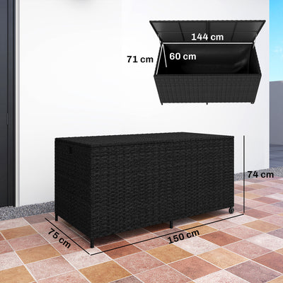 Outsunny 650L Garden Storage Box with 2 Wheels, Rattan Deck Box with Waterproof Zipped Liner, Safe Pneumatic Rods, Black 