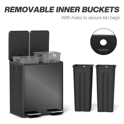 HOMCOM 40L Dual Compartment Stainless Steel Bin, with Deodoriser Holders - Glossy Black 