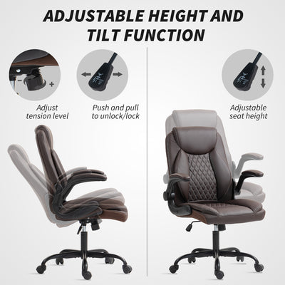 HOMCOM Faux Leather Office Chair. with Flip-Up Armrests - Brown 