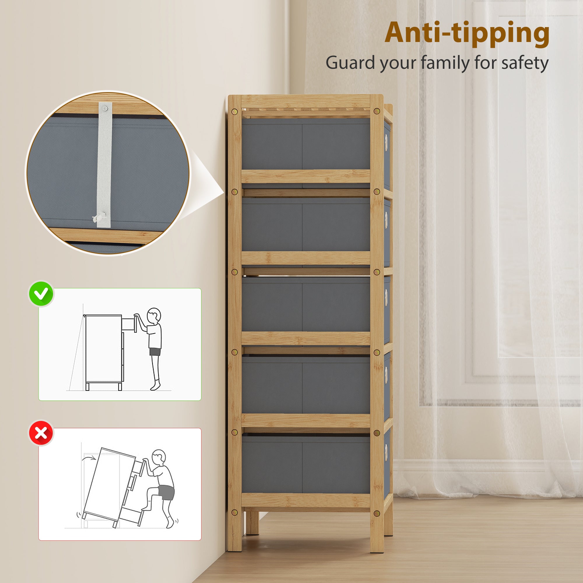 HOMCOM Chest of Drawers, 5 Fabric Drawers Narrow Dresser with Bamboo Frame, Light Grey 