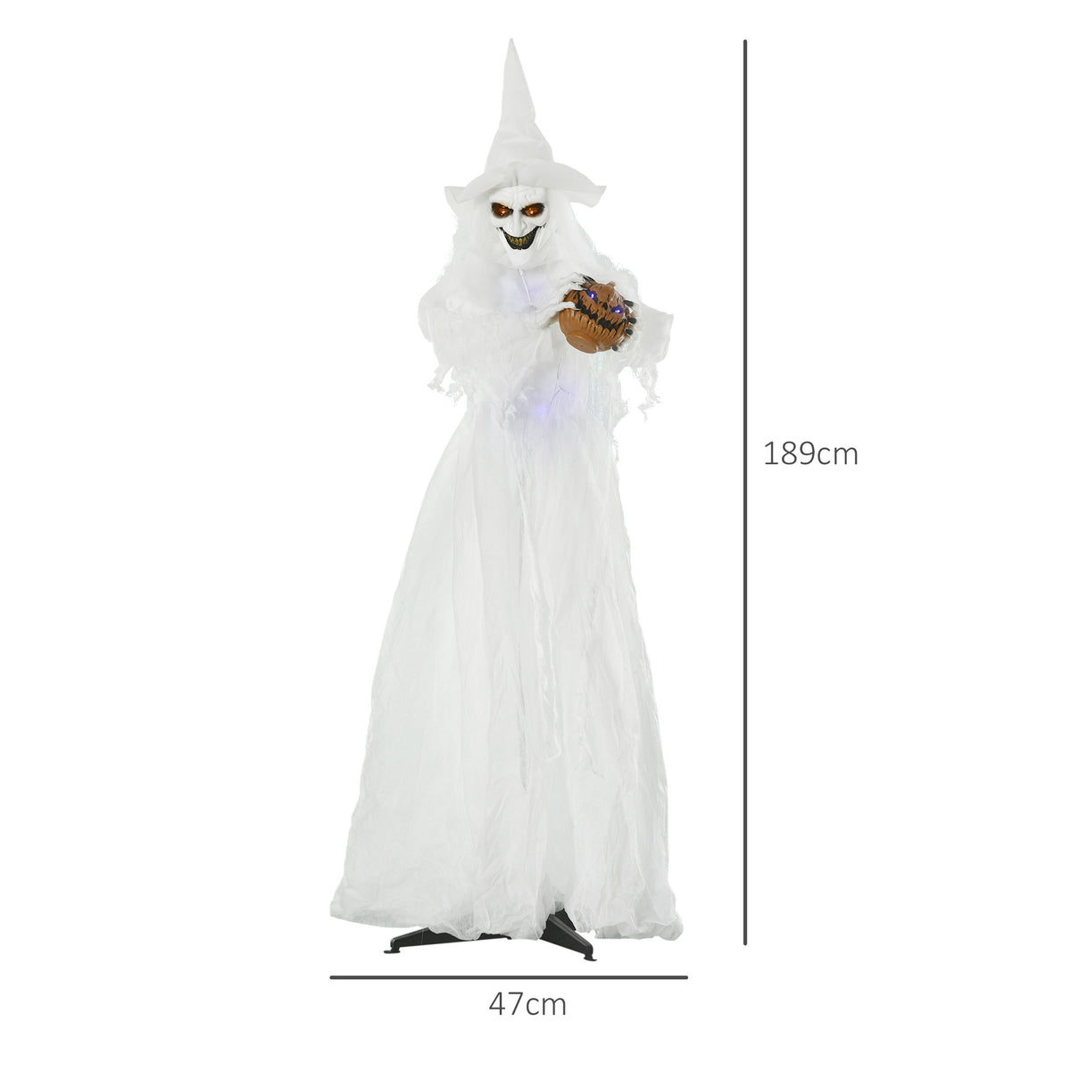 Outsunny 74 Inch Halloween Decorations White Witch Holding Pumpkin Head, Standing Skeleton Ghost Prop Life Size with Light Up Eyes and Body 