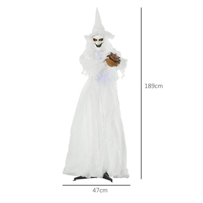 Outsunny 74 Inch Halloween Decorations White Witch Holding Pumpkin Head, Standing Skeleton Ghost Prop Life Size with Light Up Eyes and Body 