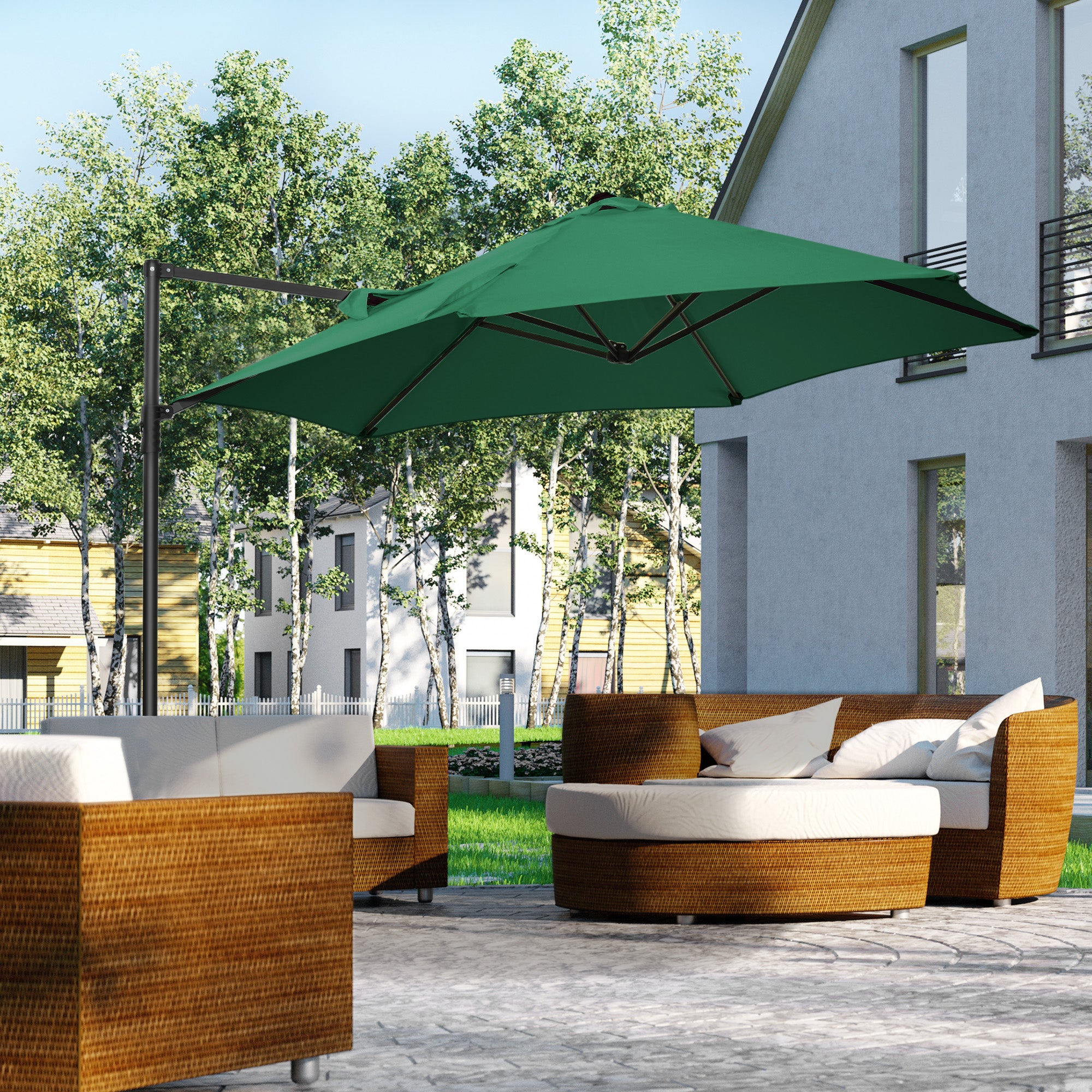Outsunny 2.5M Garden Cantilever Parasol, Offset Roma Patio Umbrella Hanging Sun Shade Canopy Shelter with 360\'c2\'b0 Rotation and Cross Base, Green