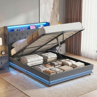 HOMCOM 4ft6 Double Bed Frame with Headboard, Platform Bed Frame with Hydraulic Storage, LED Lights and Charging Station, Grey 