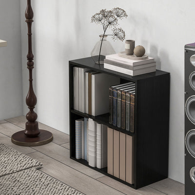HOMCOM 2 Tier Bookshelf, Low Bookcase with Adjustable Shelf, 2 Compartments for Home Office, Living Room, Study, Black 