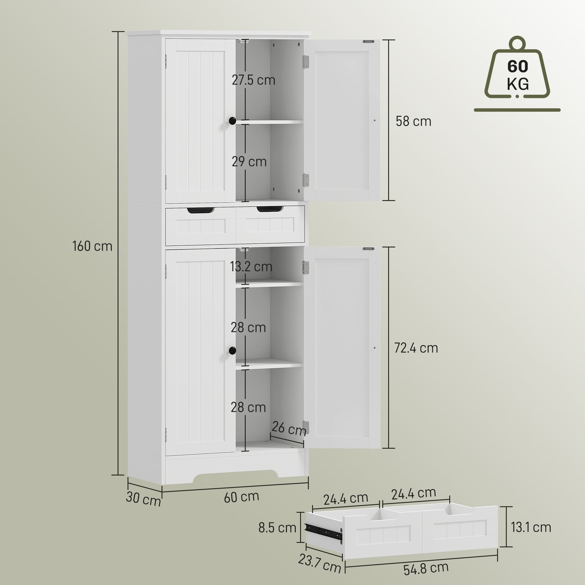 HOMCOM Tall Bathroom Cabinet, Freestanding Storage Cupboard, Bathroom Storage Cabinet with Drawer, Adjustable Shelf and Doors, 60 x 30 x 160 cm, White 
