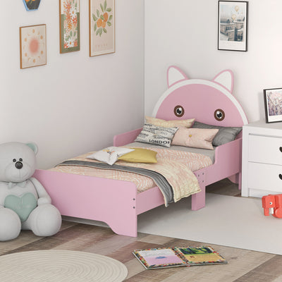 ZONEKIZ Bed for Kids Cat Design Toddler Bed Frame Bedroom Furniture with Guardrails, for 3-6 Years, 143L x 74W x 72Hcm - Pink 