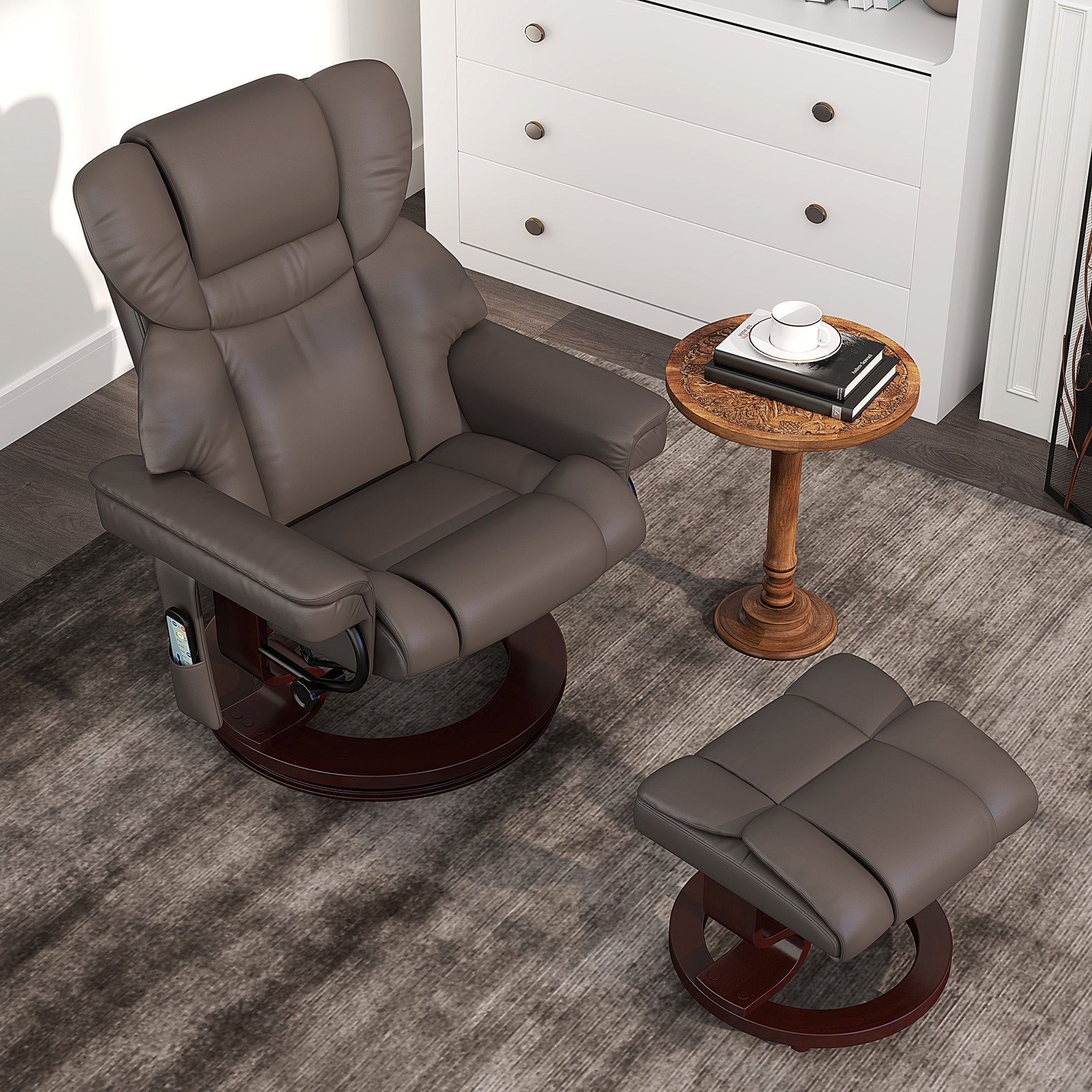 HOMCOM Massage Recliner Chair with Footstool, Upholstered Reclining Armchair with Adjustable Backrest, Steel Frame and Wood Base, Swivel Chair for Living Room, Bedroom, Brown 