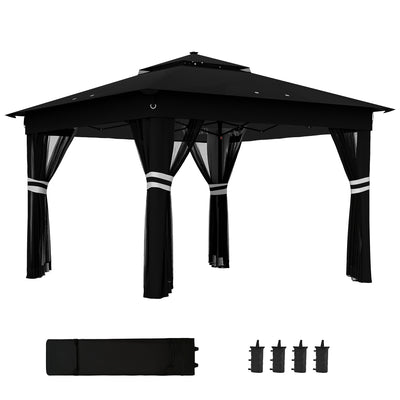 Outsunny 3 x 3(m) Pop Up Gazebo Party Tent with Solar-Powered LED Lights, Adjustable Event Shelter with Netting, Black 