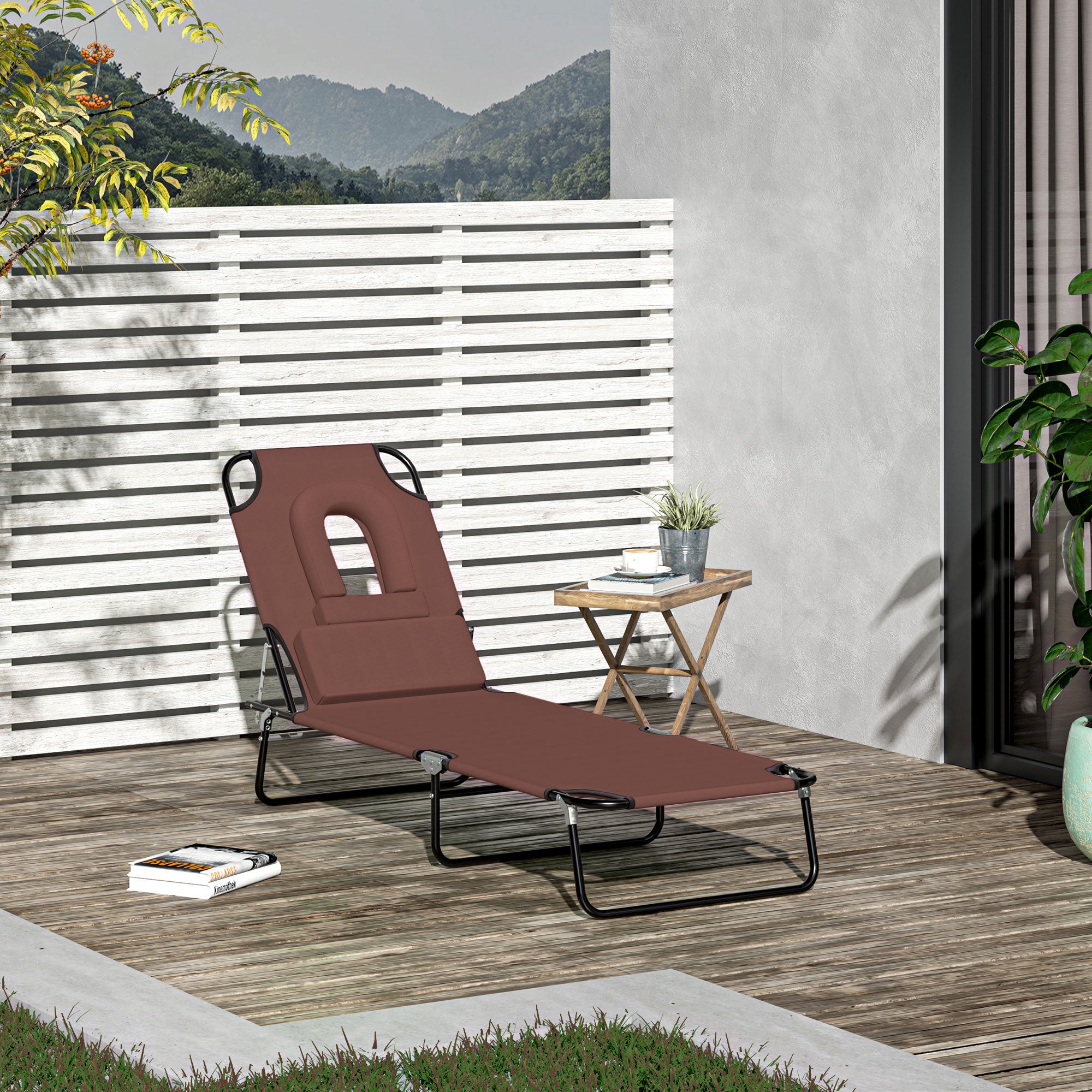 Outsunny Outdoor Foldable Sun Lounger, 4 Level Adjustable Backrest Reclining Sun Lounger Chair with Pillow and Reading Hole, Brown 