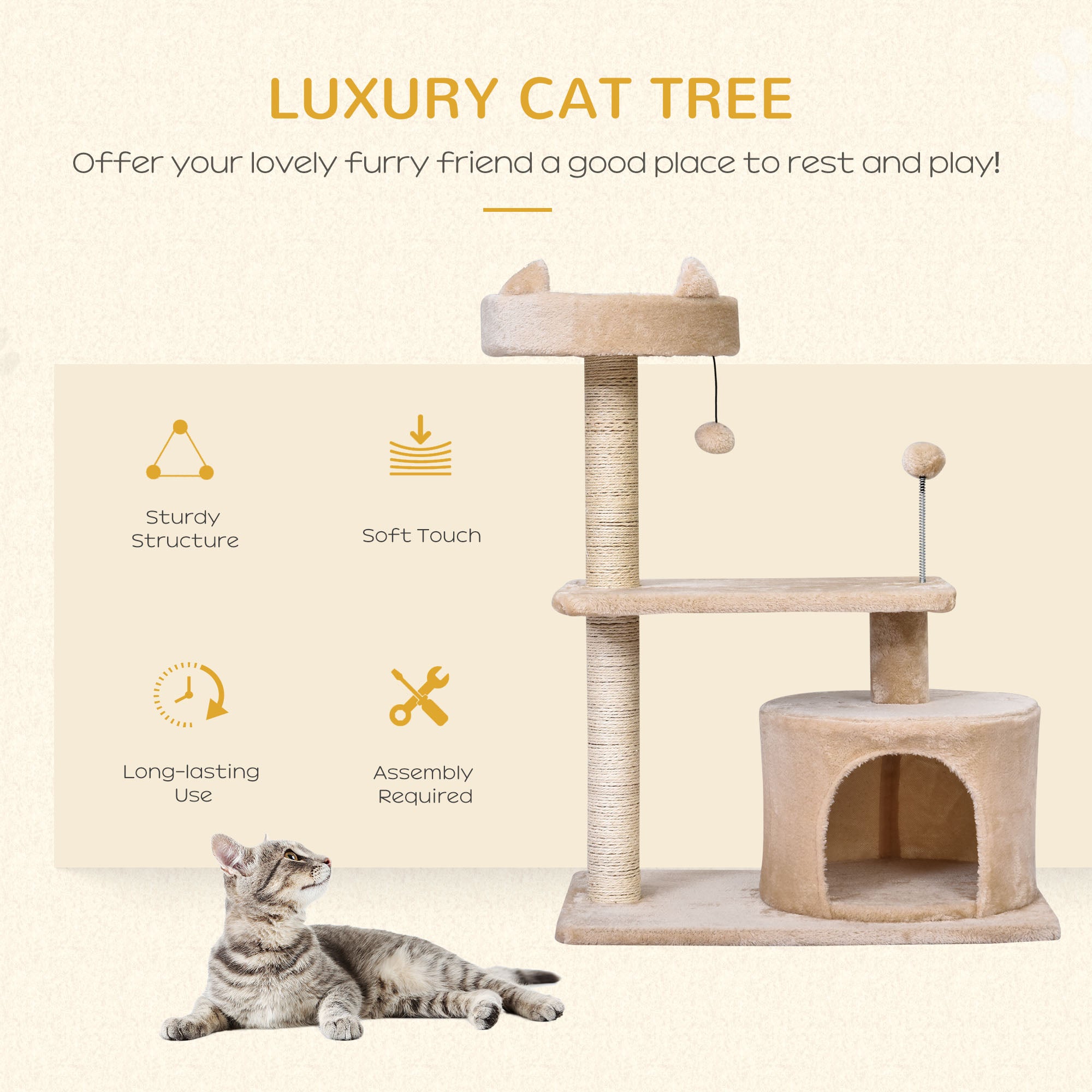 PawHut Cat Tree for Indoor Cats with Scratching Post Climbing Tower Kitty Activity Centre Condo Perch Jumping Platforms Beige 60L x 40W x 81H cm 