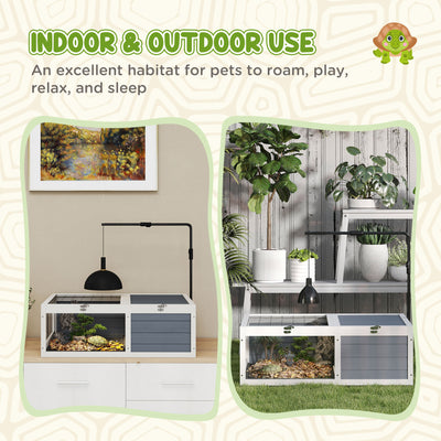 PawHut Tortoise Table with Adjustable Lamp Holder, Wooden Tortoise House w/ Openable Lids, Pull-Out Trays - Grey 