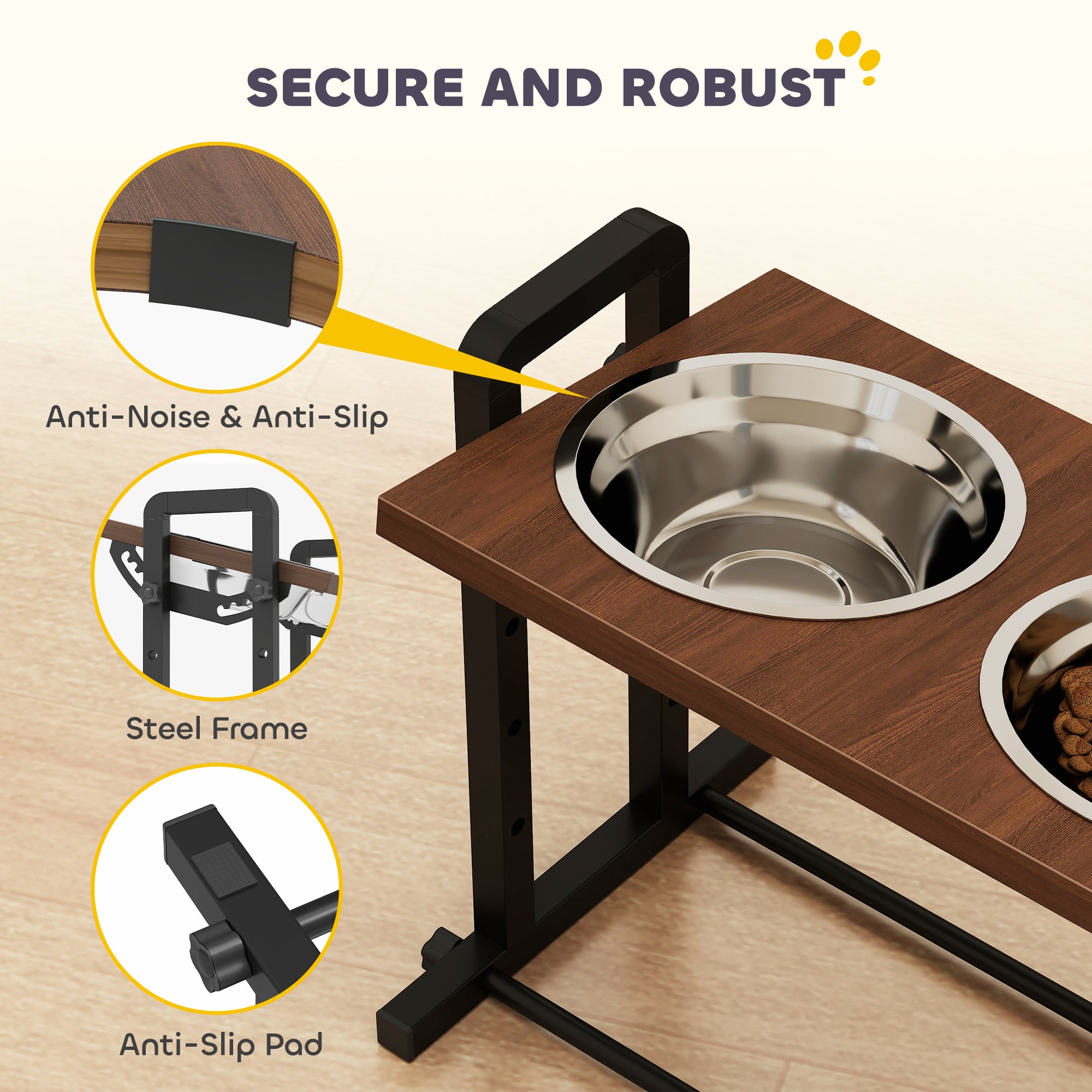 PawHut Raised Dog Bowls with Stand, 4 Heights Adjustable Pet Feeder with 3 Adjustable Angles for Small, Medium & Large Breeds, Brown 