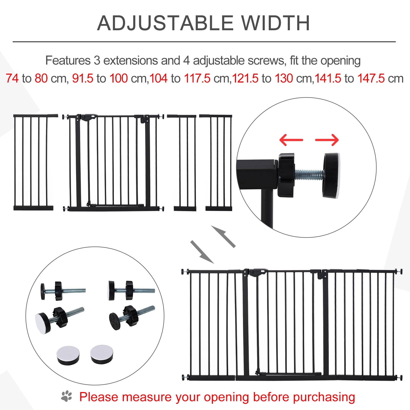 PawHut Dog Gate Stair Gate Pressure Fit Pets Barrier Auto Close for Doorway Hallway, 74-148cm Wide Adjustable, Black 