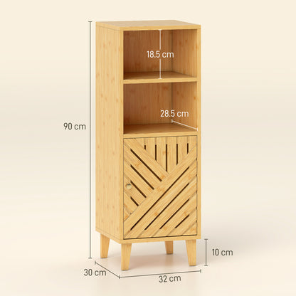 HOMCOM Slim Bathroom Cabinet with Bamboo Door and Legs, Narrow Bathroom Storage Cabinet, Freestanding Storage Cupboard with Open Compartments, 32 x 30 x 90 cm, Natural Wood Finish