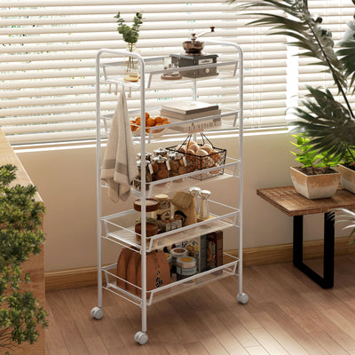 HOMCOM Five-Steel Mesh Basket Storage Trolley, with Wheels - White 