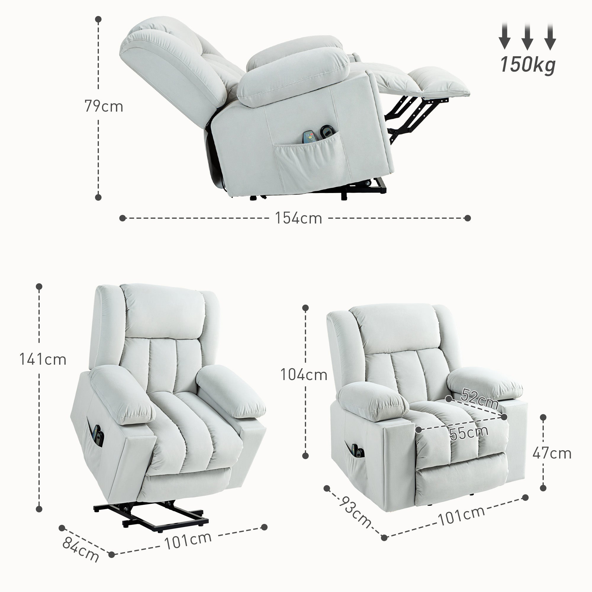 HOMCOM Velvet-Feel Electric Riser, Recliner and Massage Armchair - Light Grey 