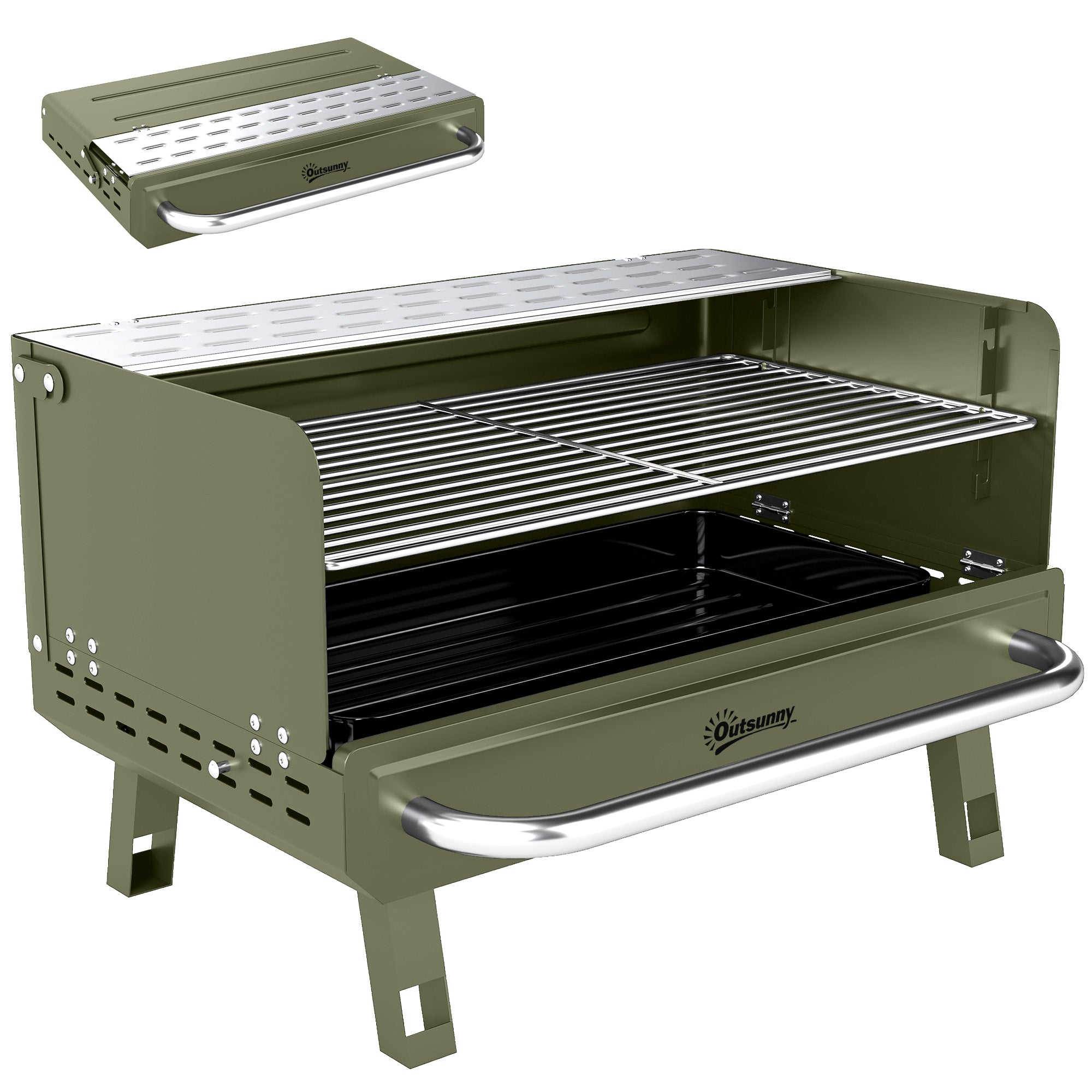 Outsunny Portable BBQ Grill, Charcoal Barbecue Grill with Adjustable Grates, Foldable Legs, Side Shelf for Camping Travel, Green 