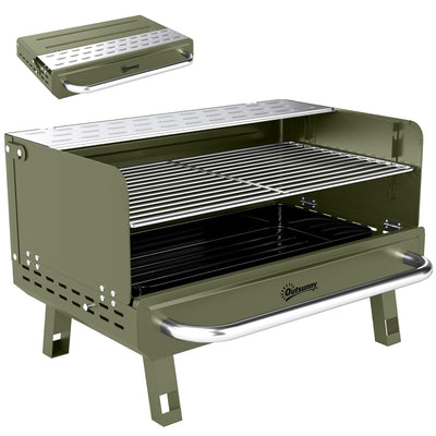Outsunny Portable BBQ Grill, Charcoal Barbecue Grill with Adjustable Grates, Foldable Legs, Side Shelf for Camping Travel, Green 