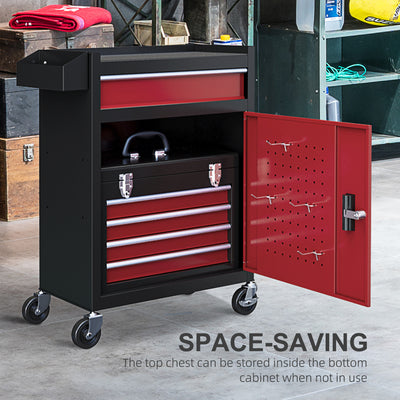 HOMCOM Two-Part Tool Storage Chest on Wheels - Black/Red 