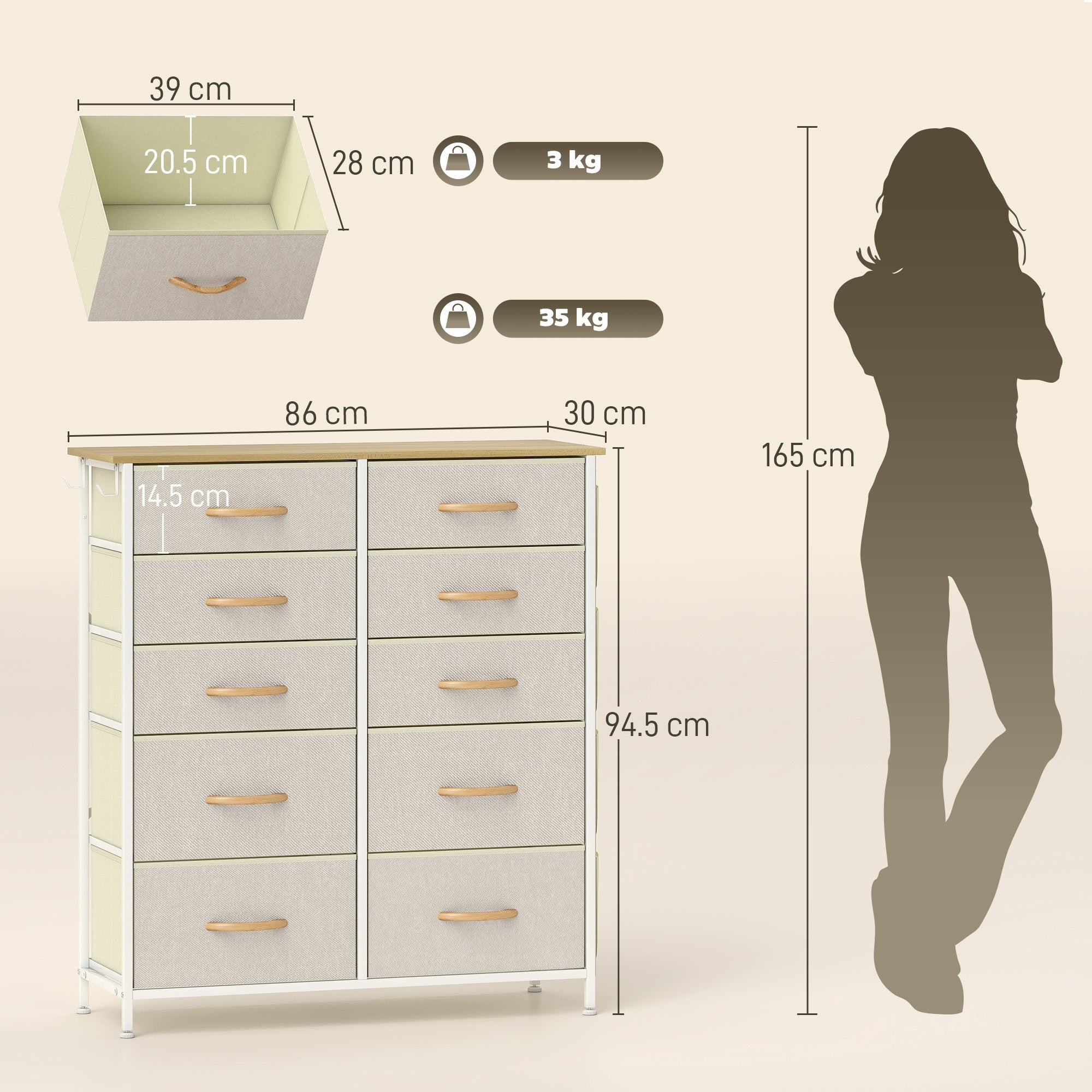 HOMCOM Chest of Ten Fabric Drawers - Beige