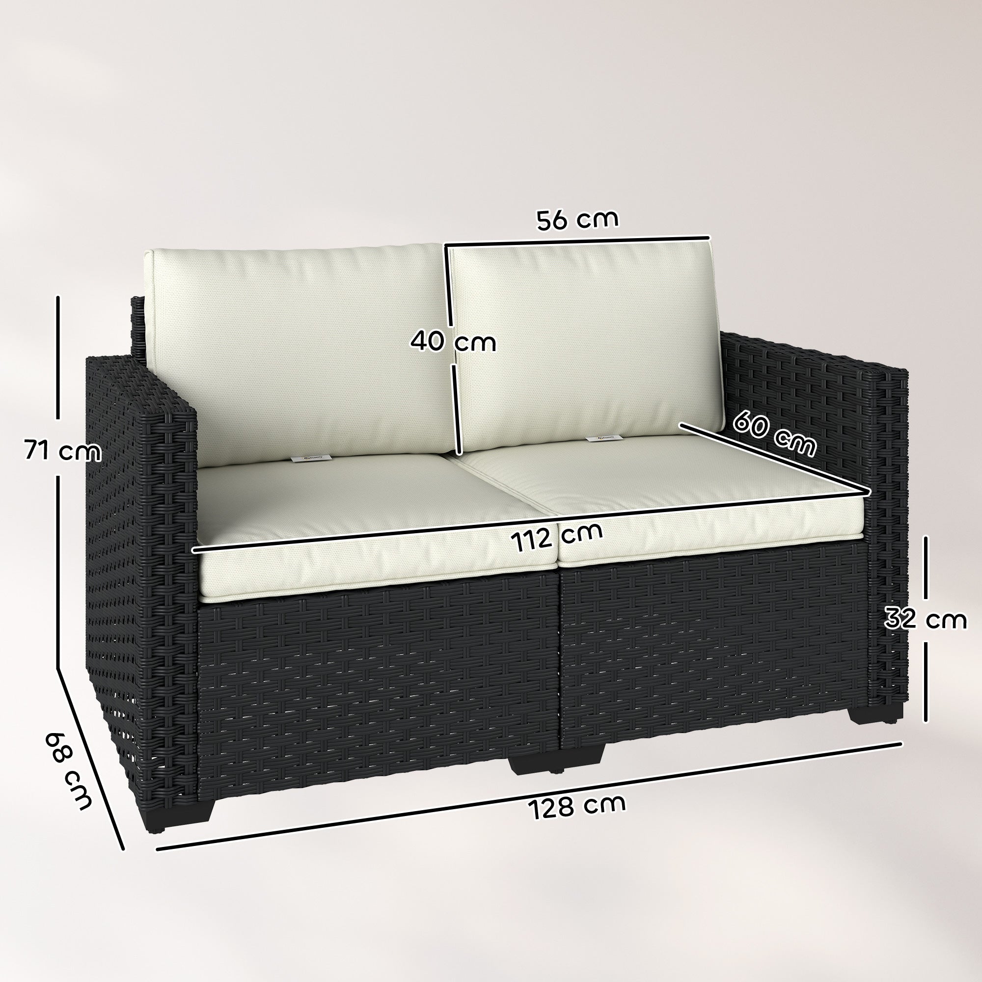 Outsunny 2 Seater Rattan Sofa, Outdoor Garden Sofa with Deep Seat, Cushions, Wide Armrests for Patio, Balcony, Porch, Black 