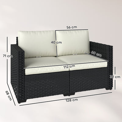 Outsunny 2 Seater Rattan Sofa, Outdoor Garden Sofa with Deep Seat, Cushions, Wide Armrests for Patio, Balcony, Porch, Black 
