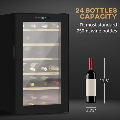 HOMCOM 24 Bottles Freestanding Wine Fridge with Glass Door, 65 Litres Single Zone Wine Cooler Fridge with Digital Touch Screen Controls and LED Light, Black 