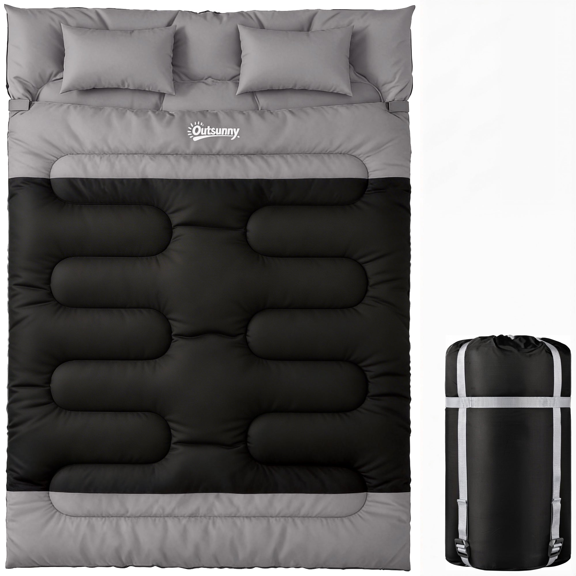 Outsunny Double Sleeping Bag with 2 Pillows, 220 x 160 cm Extra-Large Sleeping Bag for Adults, Black and Grey 