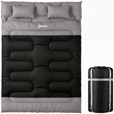 Outsunny Double Sleeping Bag with 2 Pillows, 220 x 160 cm Extra-Large Sleeping Bag for Adults, Black and Grey 