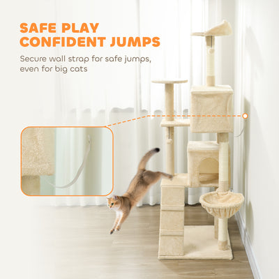 PawHut 180cm Large Cat Tree Tower with Sisal Scratching Posts, Condos, Plush Perches, Hammock, Ladder, Beige 