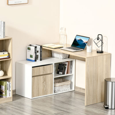 HOMCOM L-Shaped Desk, Corner Computer Desk with Storage Drawer, Adjustable Shelf, Cabinet for Home Office and Study, 120 x 92 x 75cm, Oak and White 