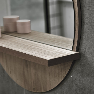 kleankin 45cm Round Home Mirror, with Shelf - Grey Wood-Effect 
