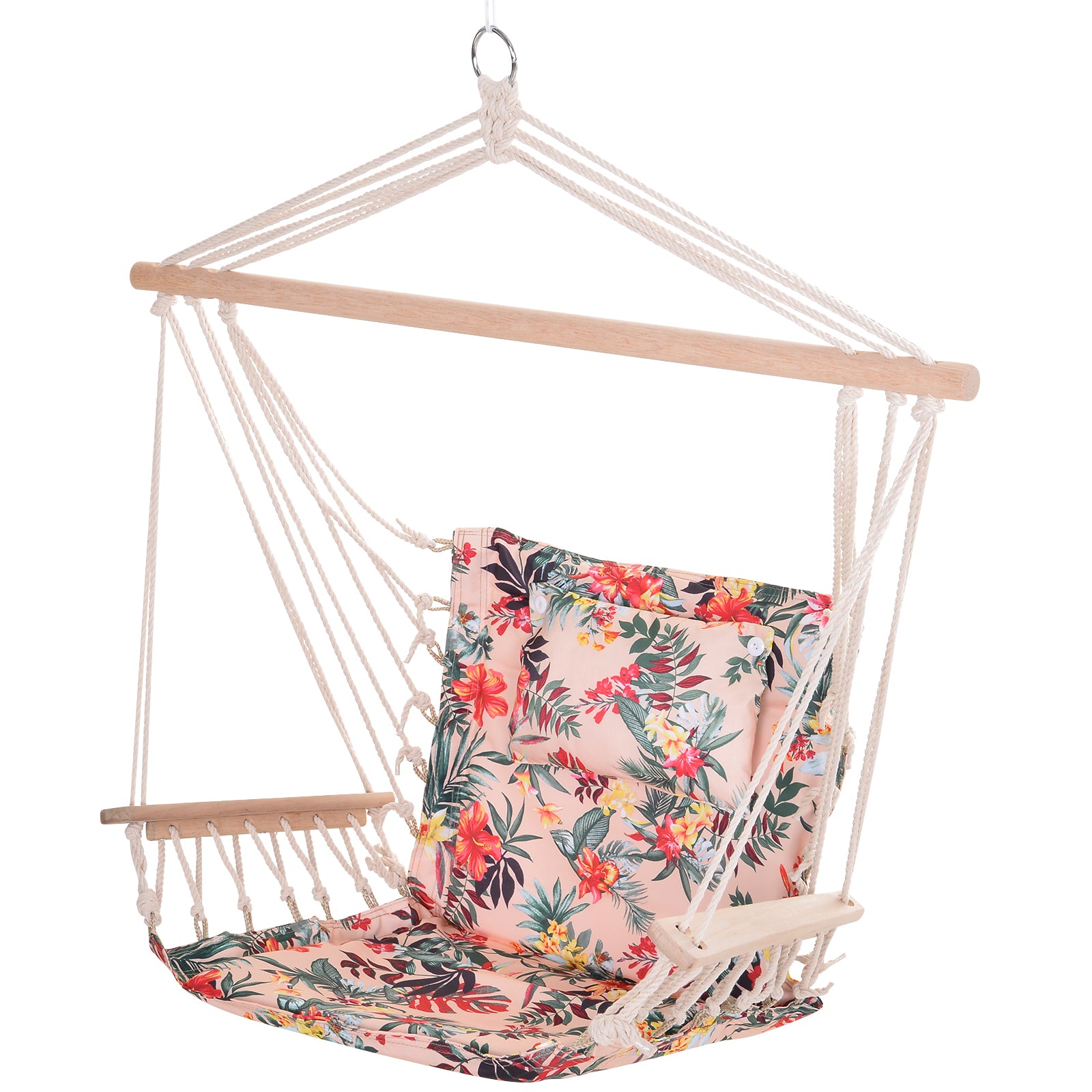 Outsunny Garden Outdoor Hanging Hammock Chair Thick Rope Frame Wooden Arms Safe Wide Seat Garden Outdoor Spot Stylish Multicoloured floral 