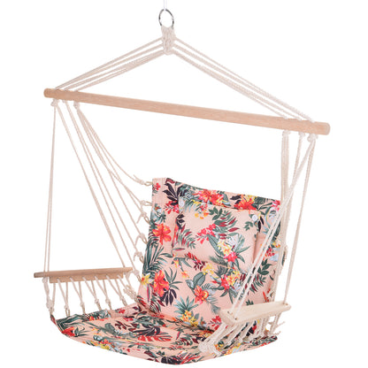 Outsunny Garden Outdoor Hanging Hammock Chair Thick Rope Frame Wooden Arms Safe Wide Seat Garden Outdoor Spot Stylish Multicoloured floral 