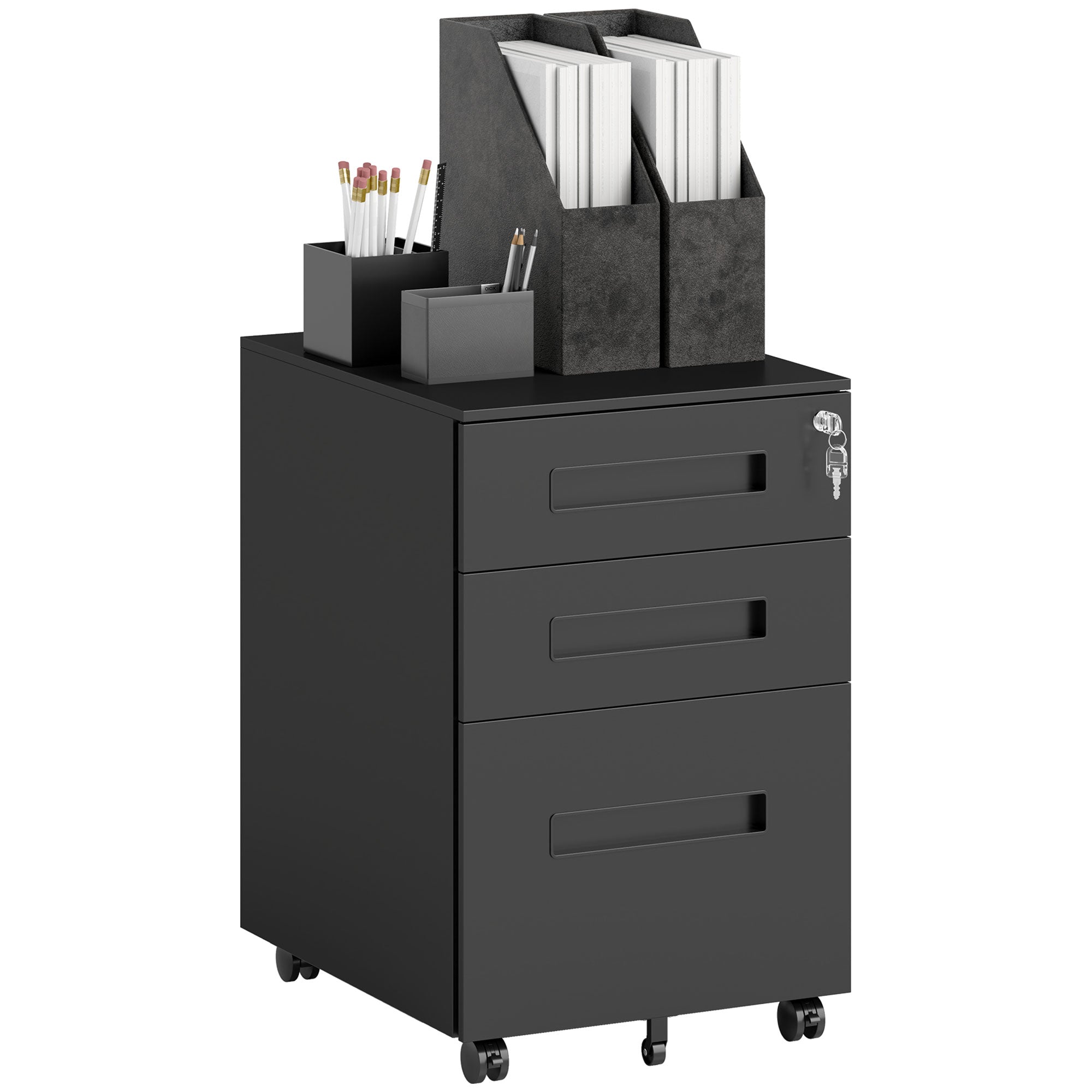 Vinsetto Metal Mobile File Cabinet with Wheels, Lockable 3 Drawer Filing Cabinet for A4, Legal, Letter, Under Desk Storage Unit with Pre-Assembled Body for Home Office, 39 x 48 x 60cm, Black 
