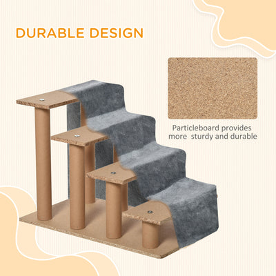 PawHut Four-Step Dog Stairs, with Washable Plush Cover, for High Bed Sofa, Dog Stairs for Small Dog and Cat - Light Grey 