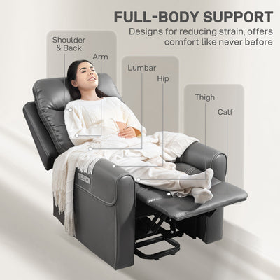 HOMCOM Power Lift Recliner Chair for Elderly, Overstuffed Faux Leather Riser and Reclining Chair with USB A+C Ports, Remote Control, Recliner Armchair for Living Room, Charcoal Grey 